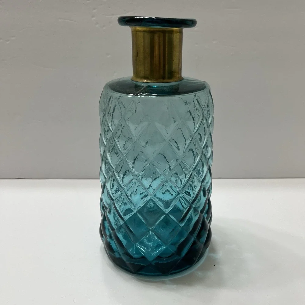 Decorative Teal Vase Diamond Patterned Glass Gold Toned Collar 9.5x4
